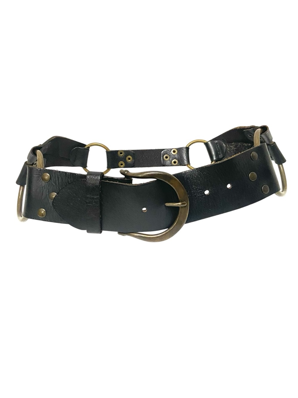 CAbi Wide Black Leather Belt With Studs And Large O Rings Size S